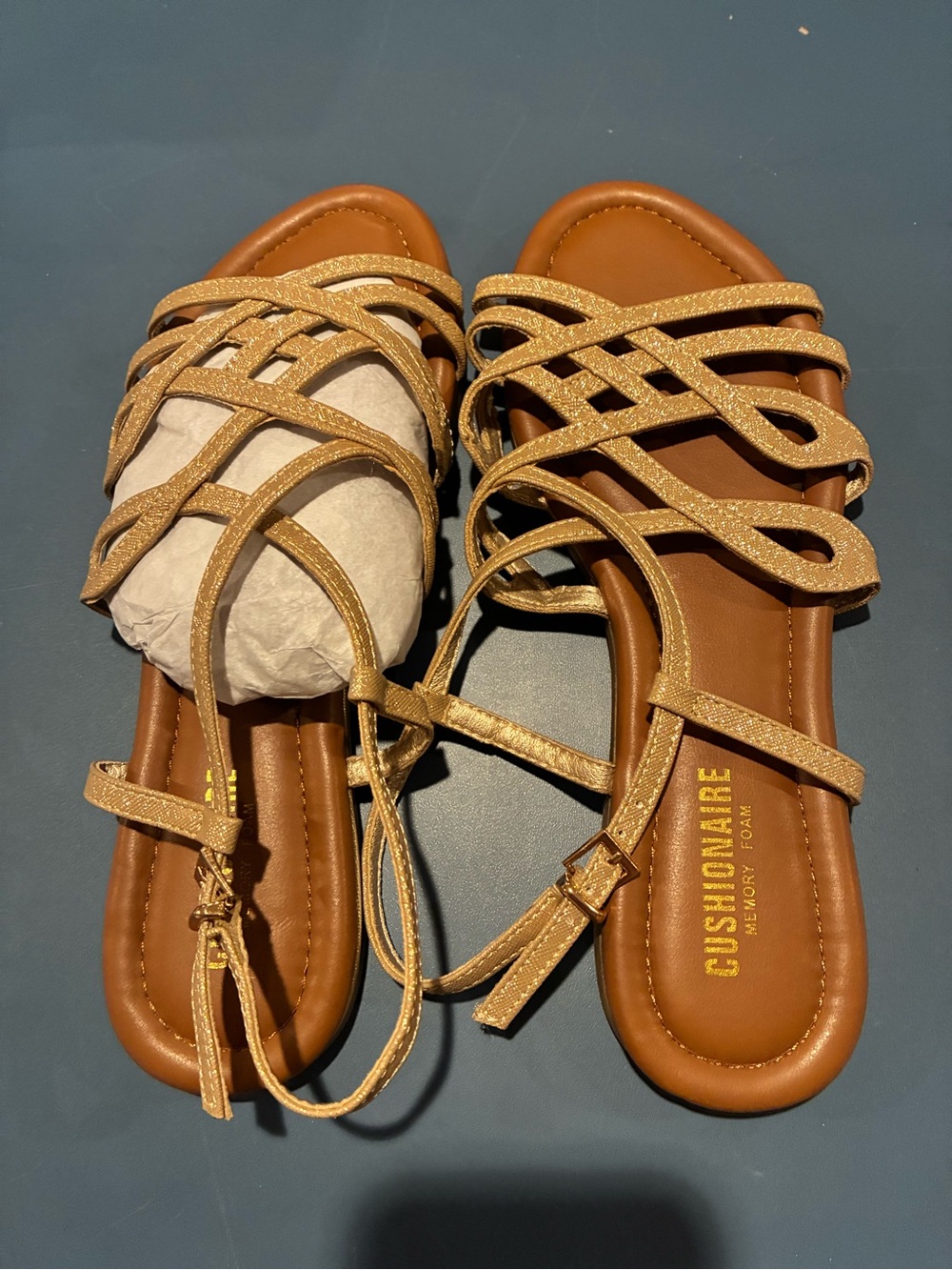 Joanna Cushionaire Gold Strappy Flat Sandals with Crisscross Detail 9.5M NWOB